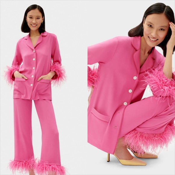 SLEEPER hot pink party pajama set with detachable double feather trim